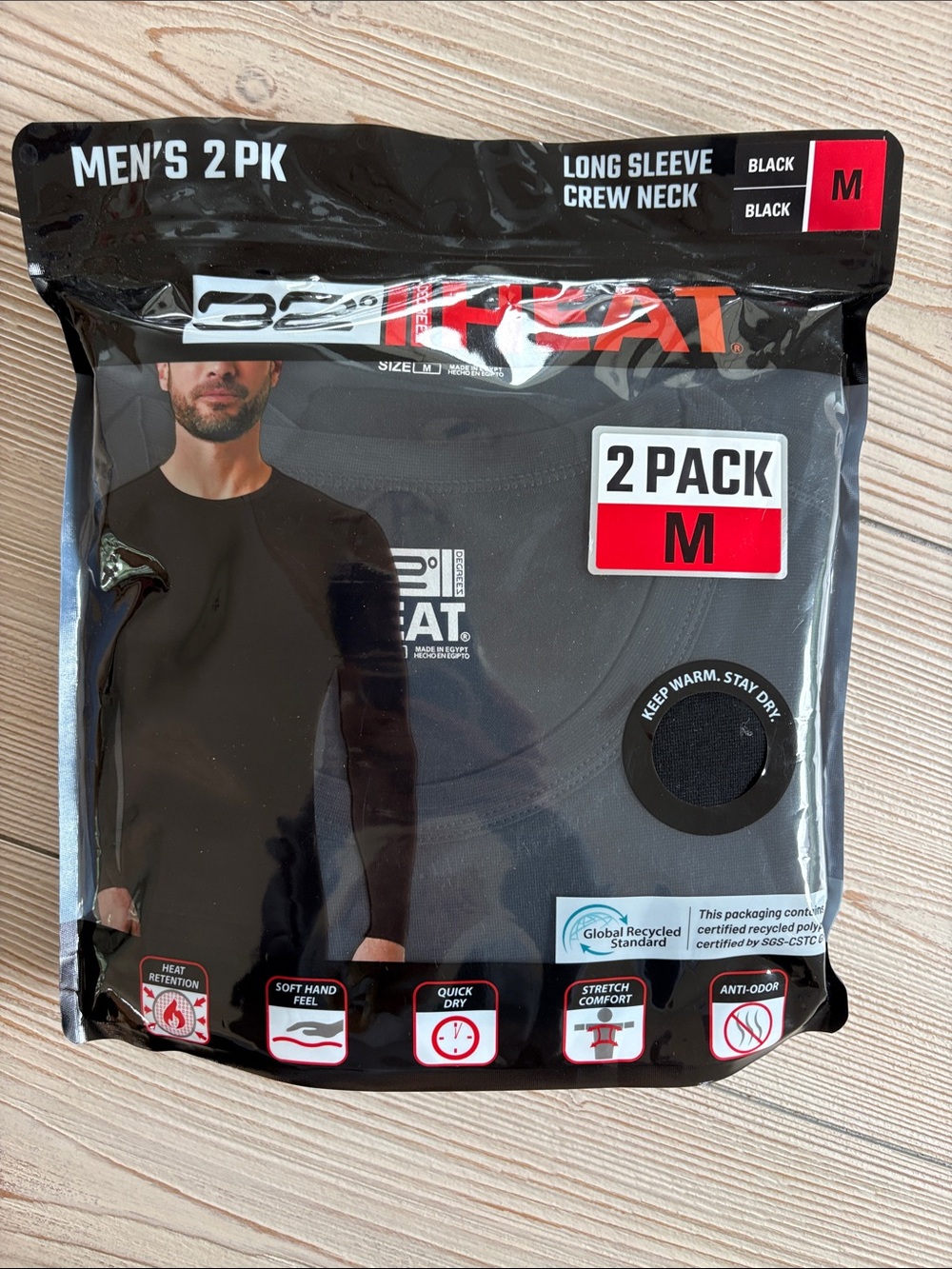 32 Degrees Men's Long Sleeve Crew Neck Undershirts - Black (2 Pack)